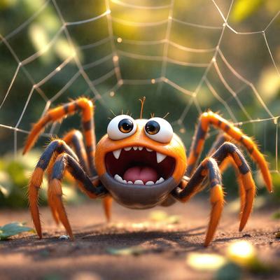 The primary subject of the image is a cartoon spider with a big smile on its face. The spider is standing on a dirt road surrounded by green leaves. The visual style of the image is digital art, and the colors and mood are bright and cheerful.